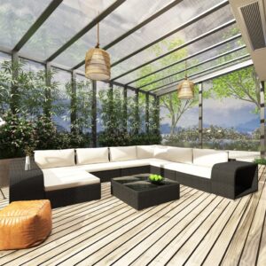 Set Divani da Giardino 10 pz con Cuscini in Polyrattan Nero