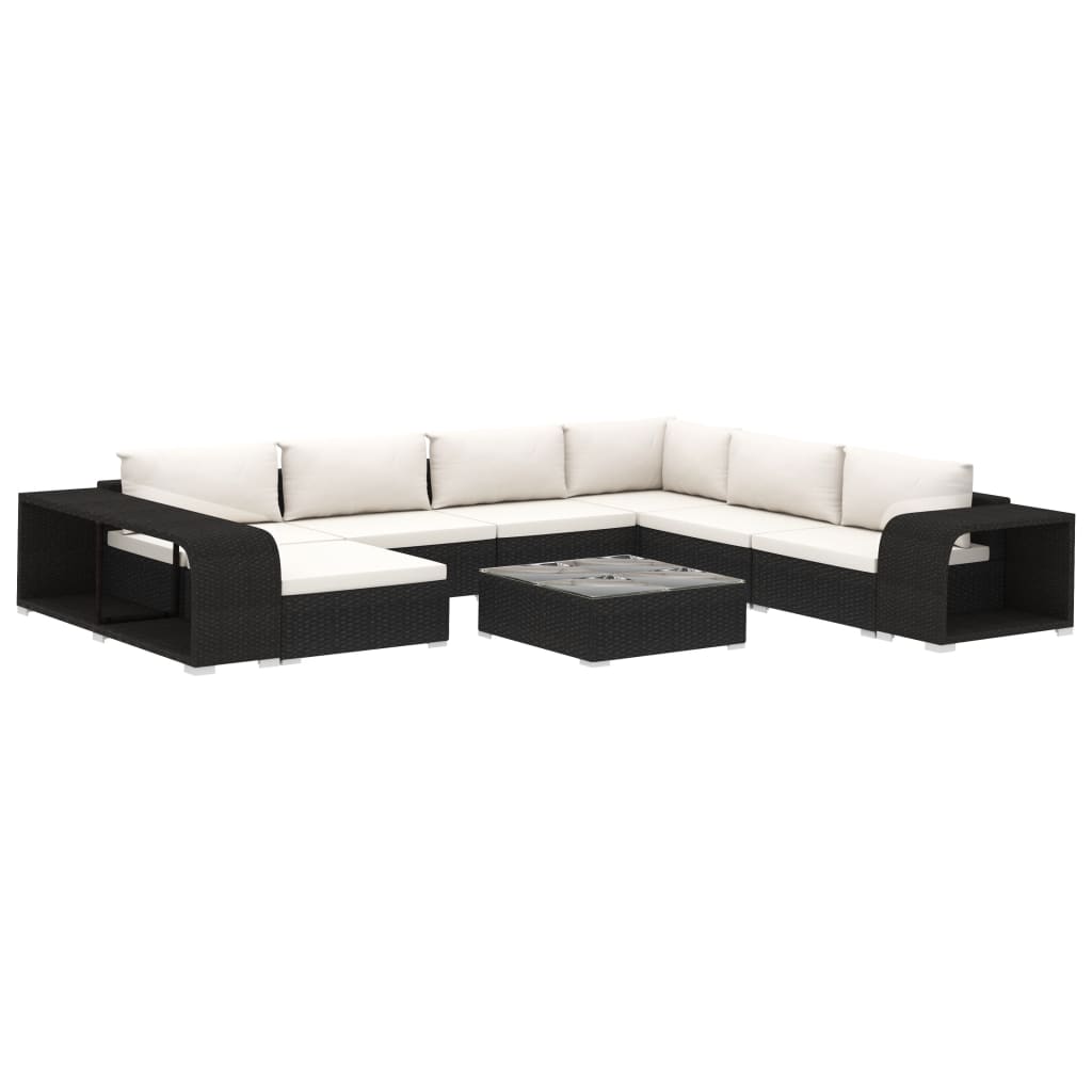 Set Divani da Giardino 10 pz con Cuscini in Polyrattan Nero - immagine 2