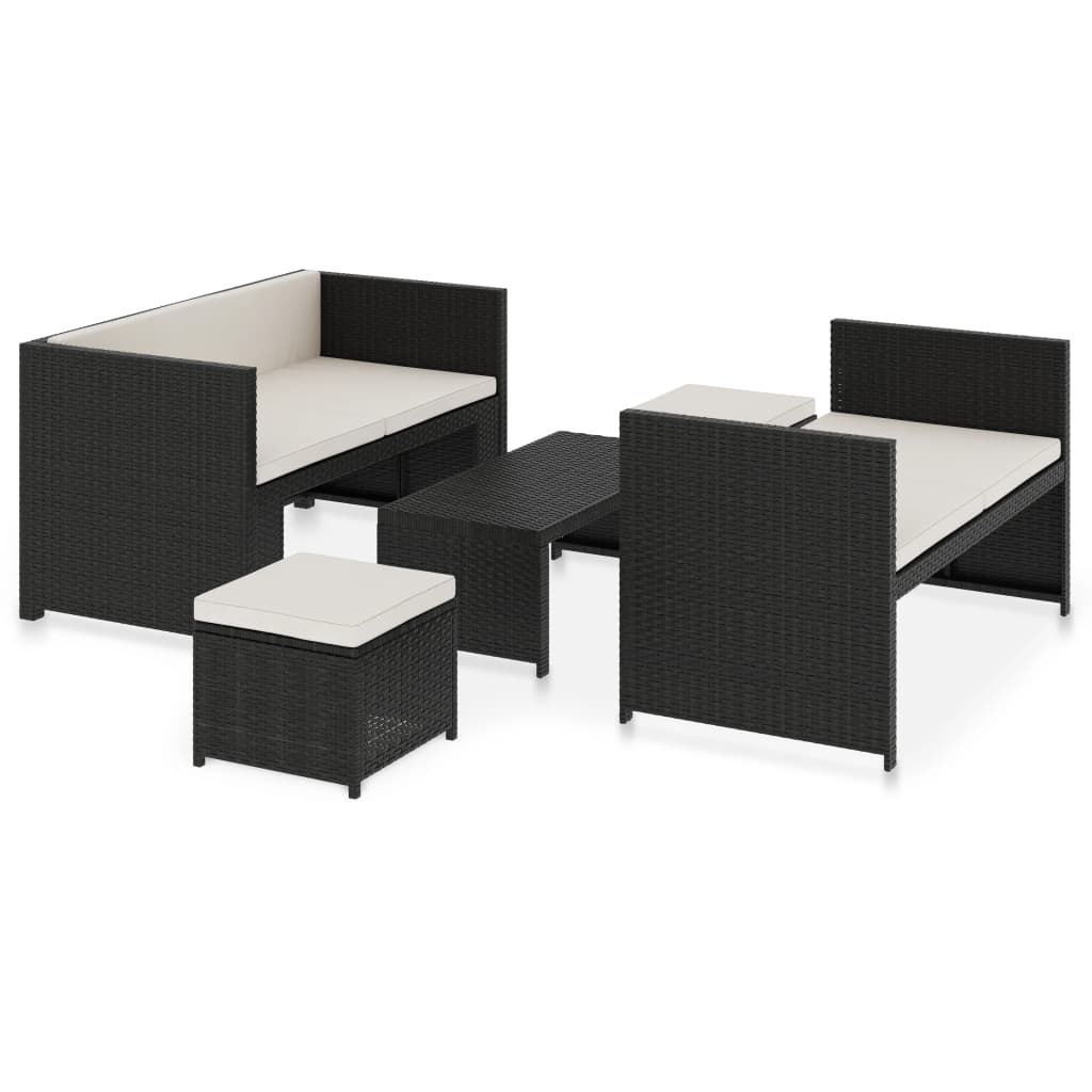 Set Divani da Giardino 5 pz con Cuscini in Polyrattan Nero - immagine 2