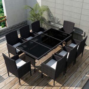 Set da Pranzo da Giardino 9 pz con Cuscini in Polyrattan Nero