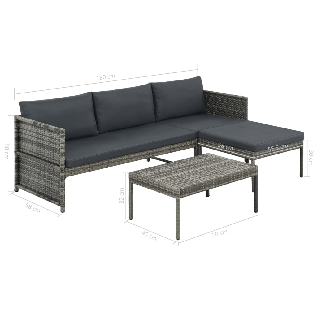 Set Divani da Giardino 3 pz con Cuscini in Polyrattan Grigio - immagine 7