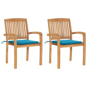Sedie da Giardino 2 pz con Cuscini Blu Massello di Teak