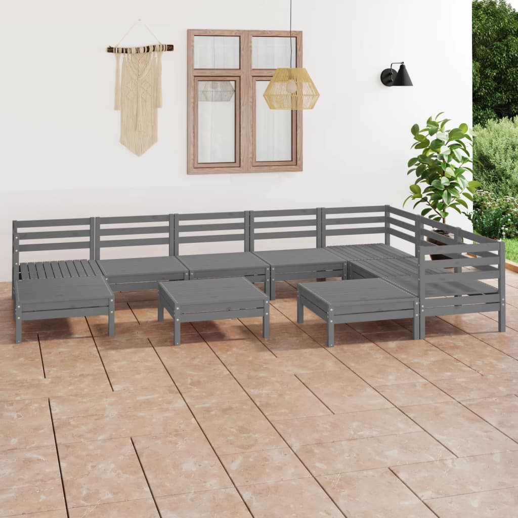 Set Salotto da Giardino 10 pz in Legno Massello di Pino Grigio