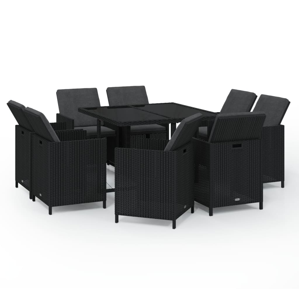 Set da Pranzo da Giardino 9 pz con Cuscini Nero in Polyrattan - immagine 2