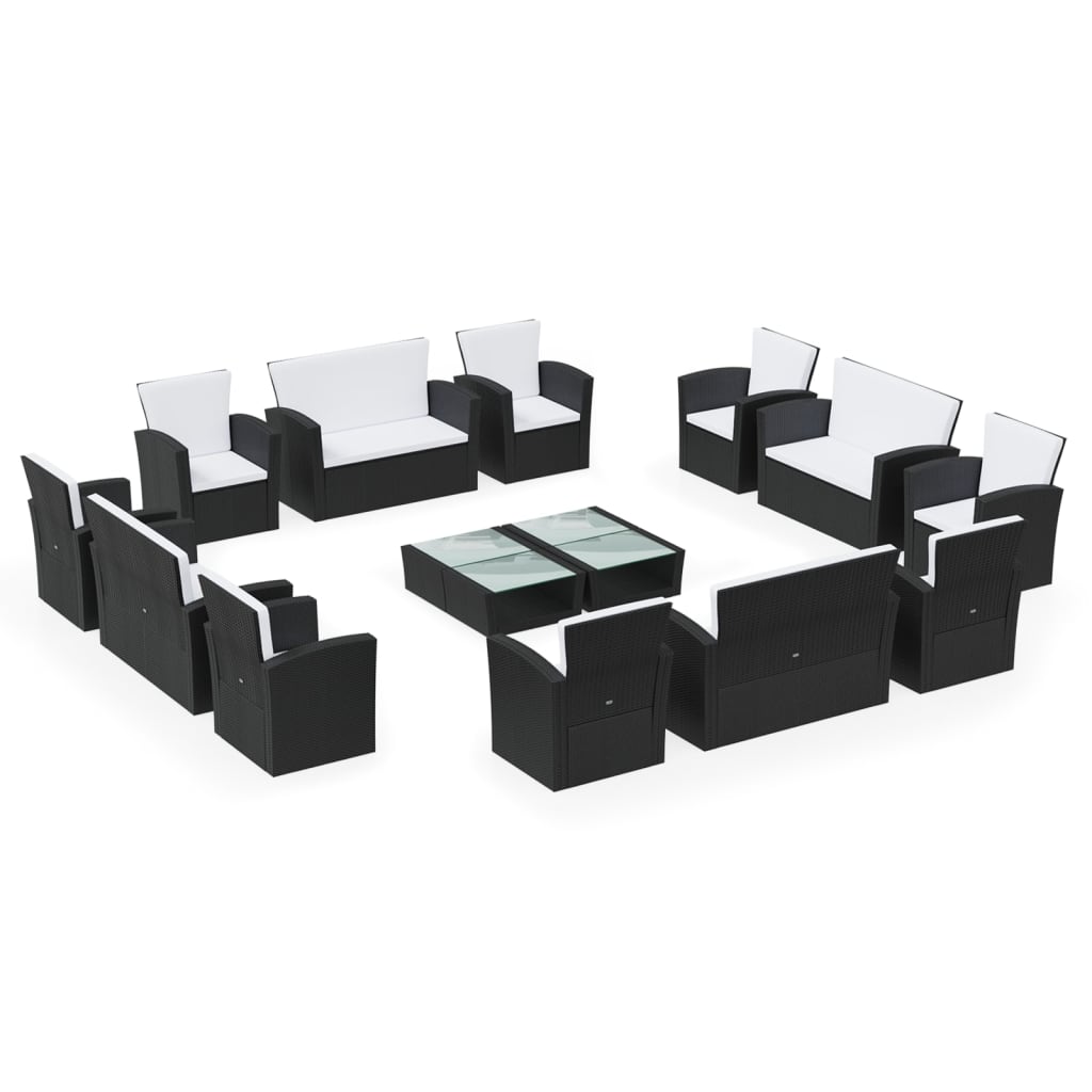 Set Divani da Giardino 16 pz con Cuscini in Polyrattan Nero - immagine 2