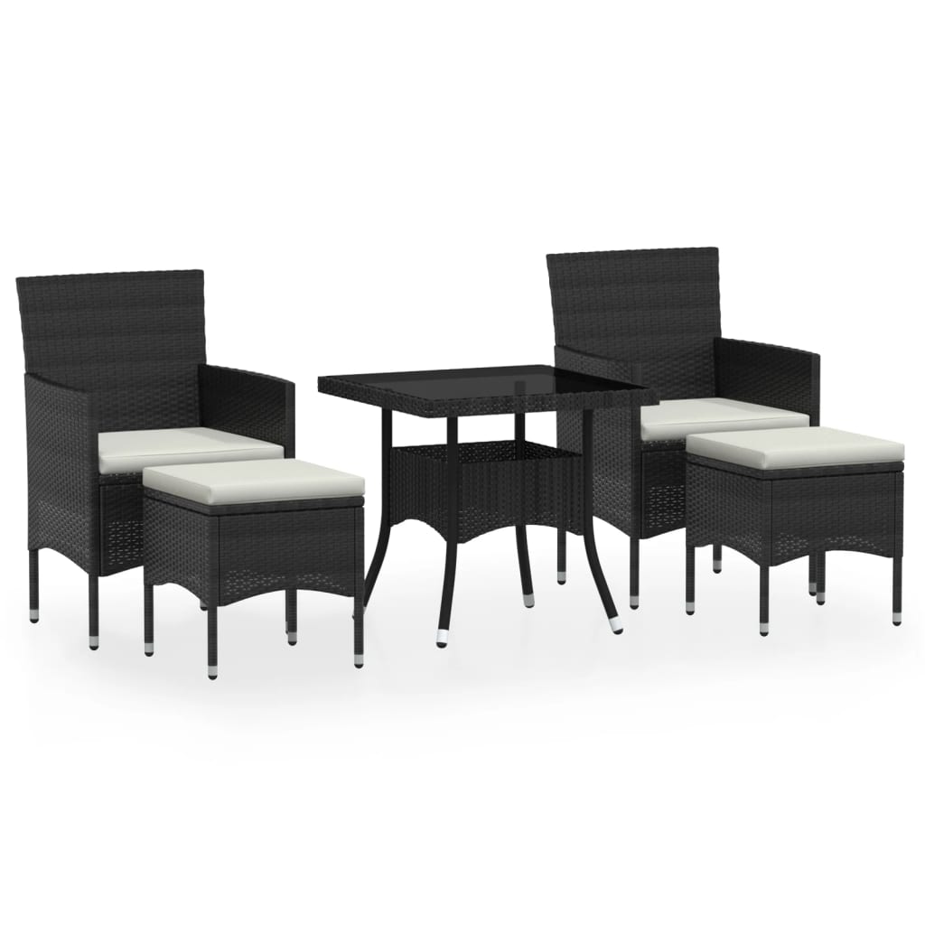 Set da Pranzo per Giardino 5 pz Polyrattan Vetro Temperato Nero - immagine 2