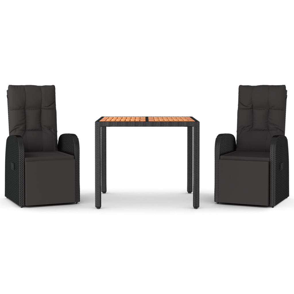 Set Pranzo Giardino 3pz Nero Polyrattan e Legno Massello Acacia - immagine 2