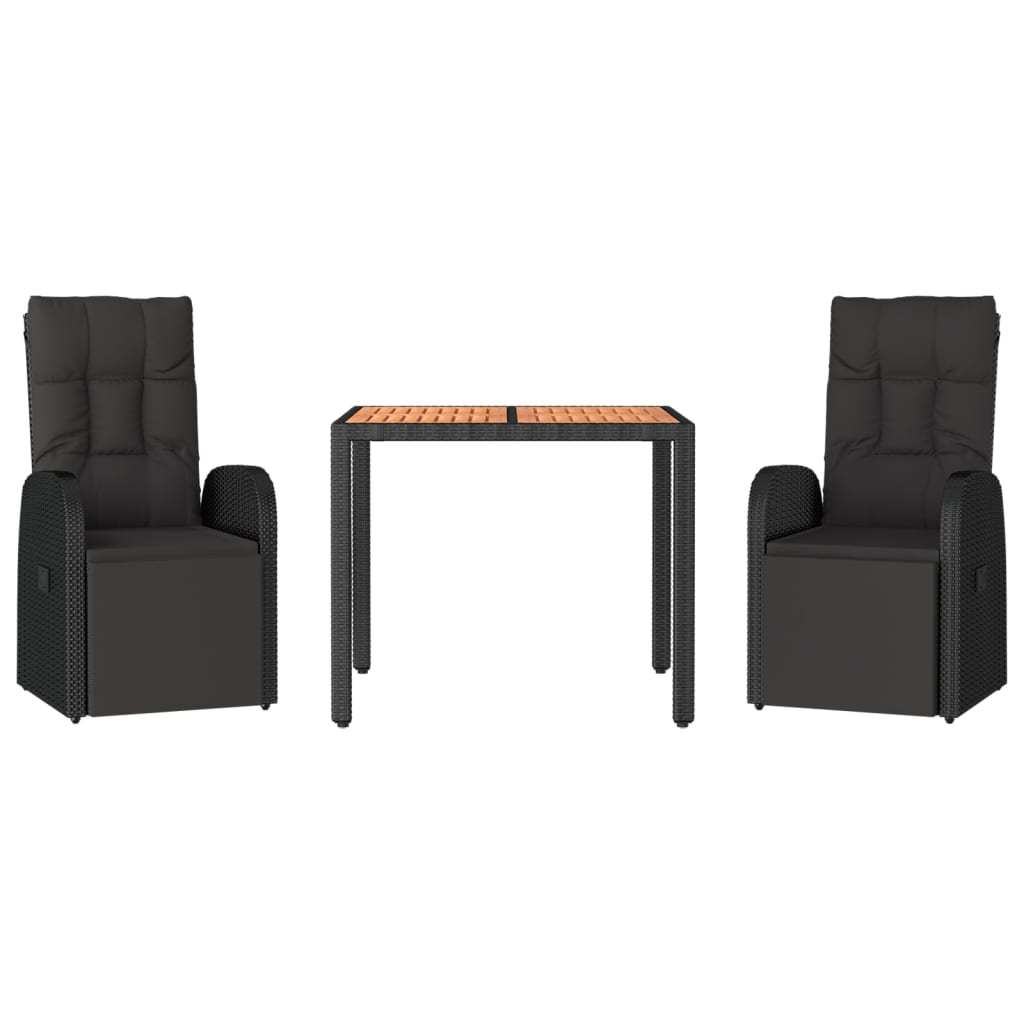 Set Pranzo Giardino 3pz Nero Polyrattan e Legno Massello Acacia - immagine 3