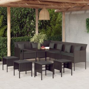 Set da Pranzo da Giardino 6 pz con Cuscini Nero in Polyrattan