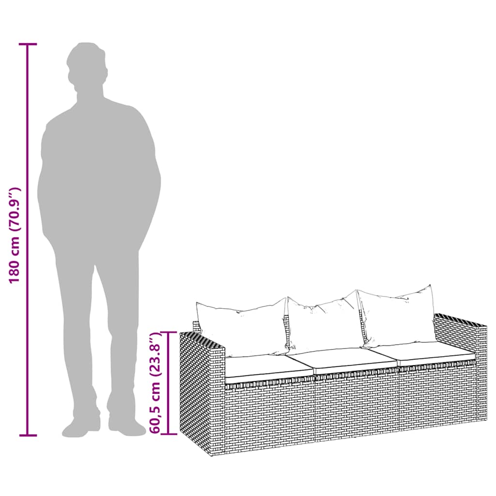 Divano da Giardino a 3 Posti con Cuscini Nero in Polyrattan - immagine 8