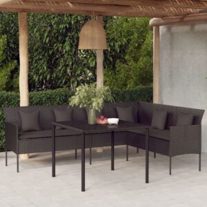 Divano da Giardino a L con Cuscini Nero in Polyrattan