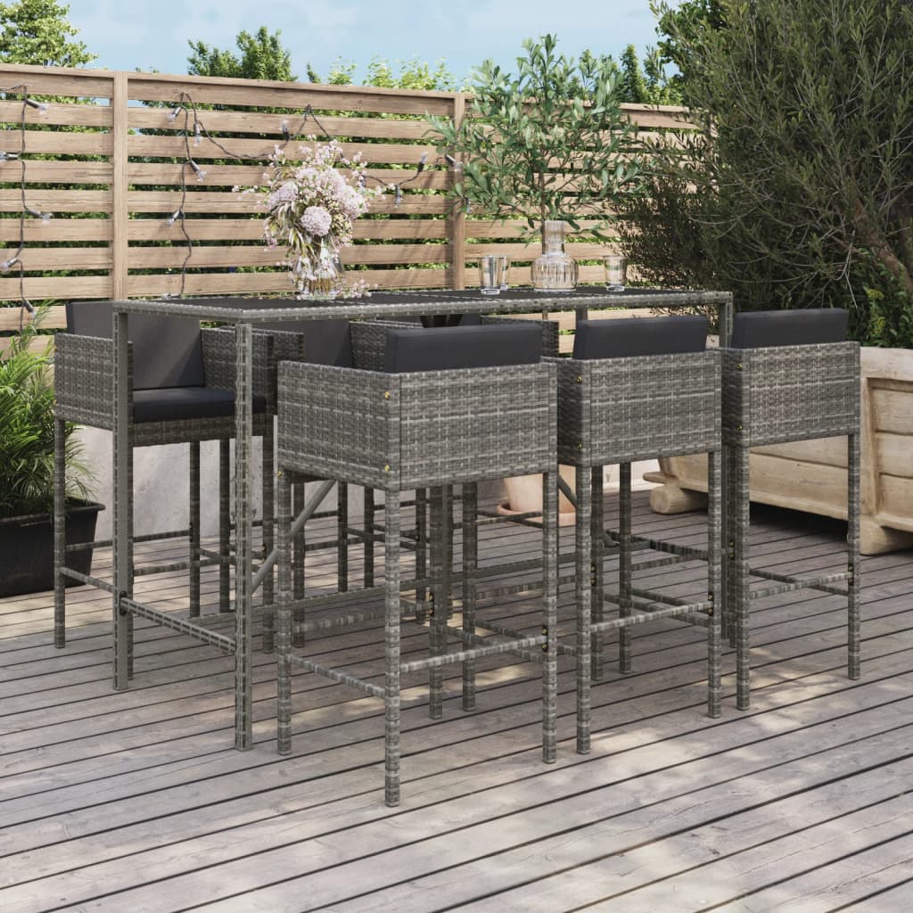 Set Bar da Giardino 7 pz con Cuscini in Polyrattan Grigio