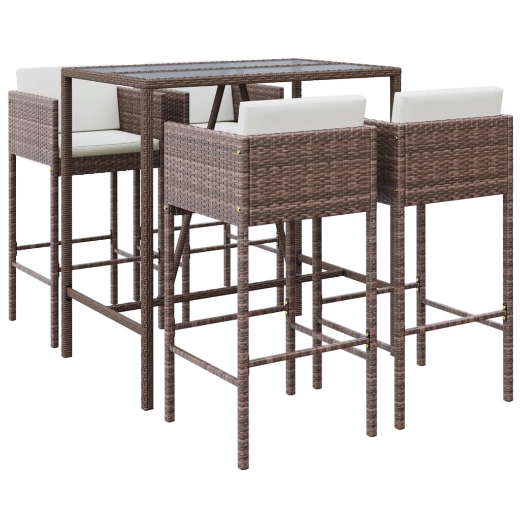 Set Bar da Giardino 5 pz con Cuscini in Polyrattan Marrone - immagine 2