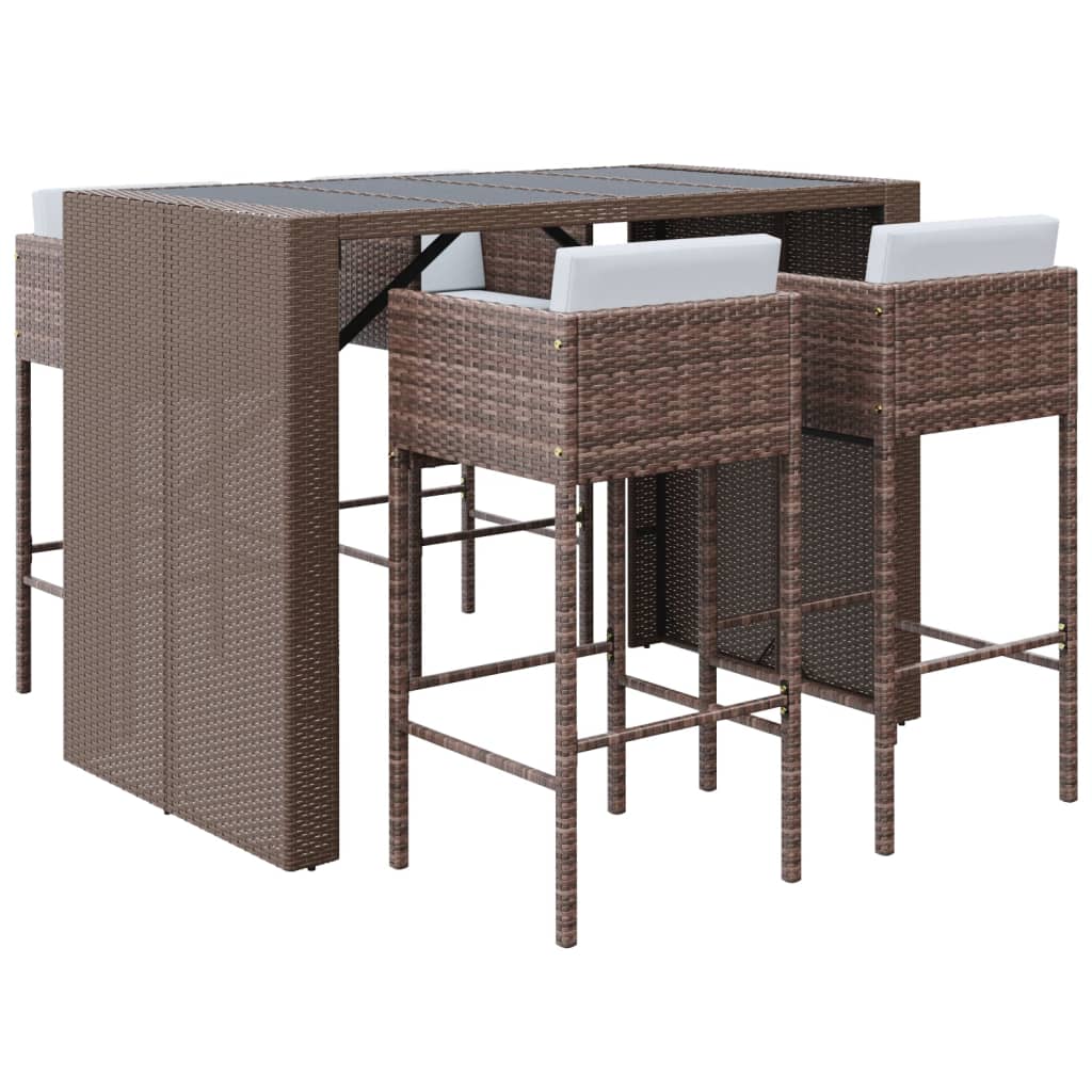 Set Bar da Giardino 5 pz con Cuscini in Polyrattan Marrone - immagine 2
