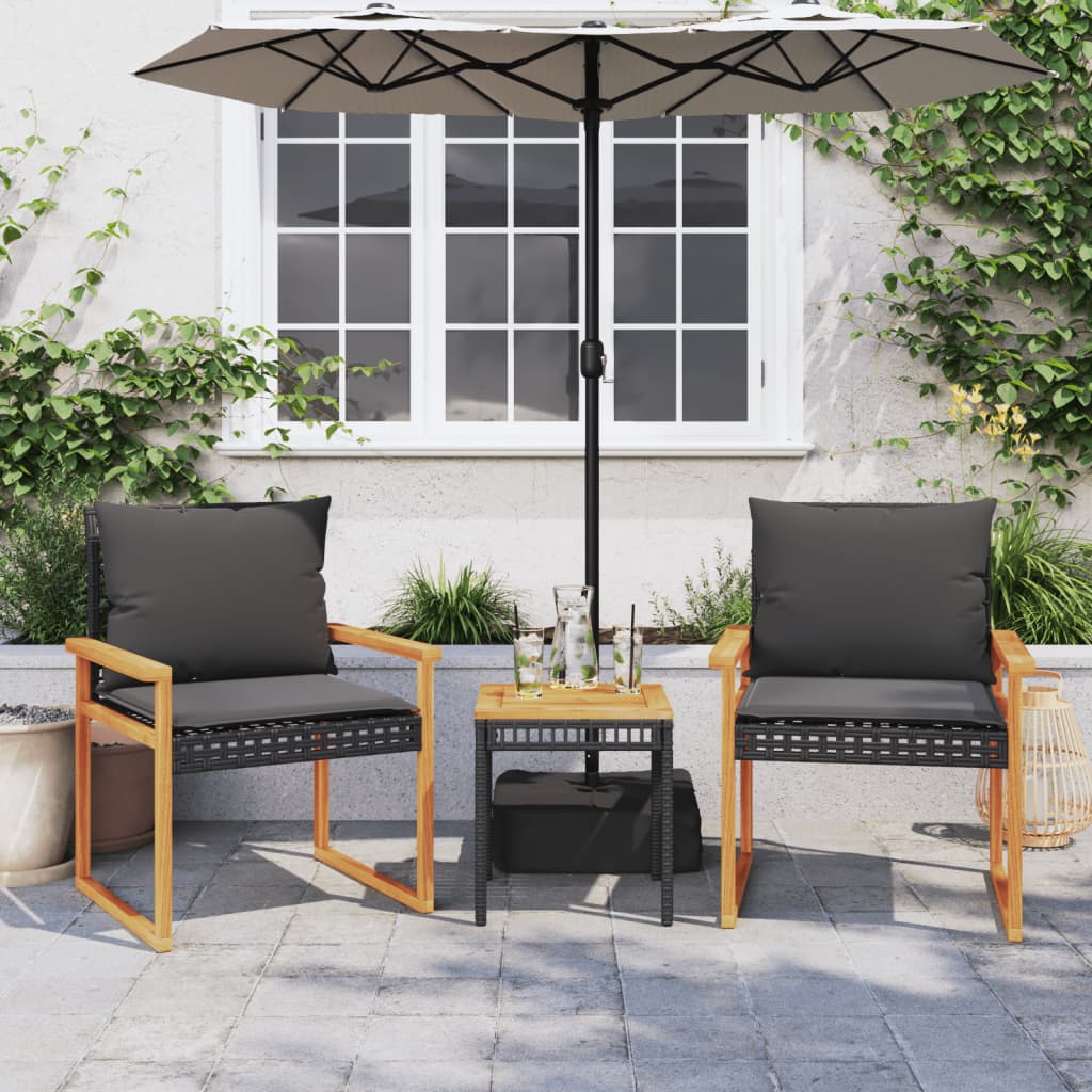 Set da Bistrò 3 pz con Cuscini Nero Polyrattan e Legno Acacia - immagine 3