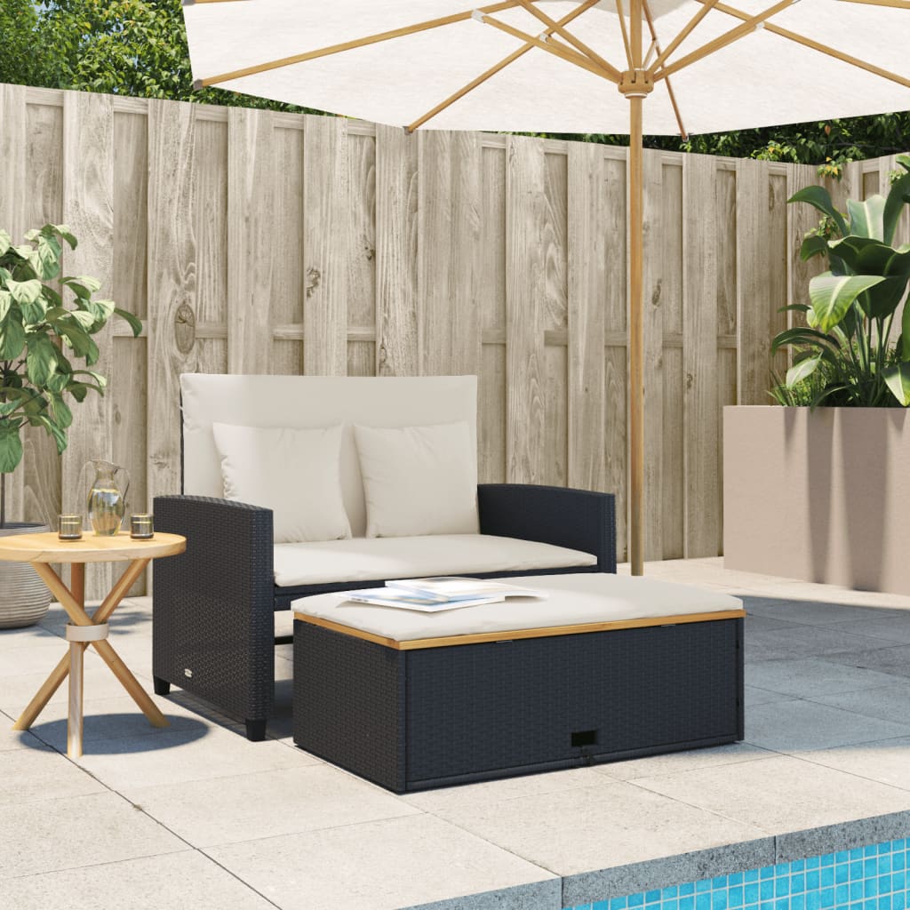Divano Giardino con Cuscini 2 Posti Nero Polyrattan e Acacia - immagine 3
