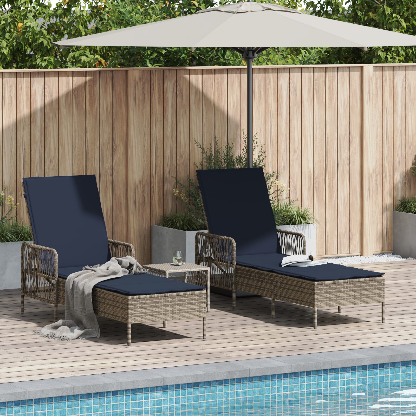 Lettino Prendisole Set di 3 Grigio e blu navy Rattan PE, metallo