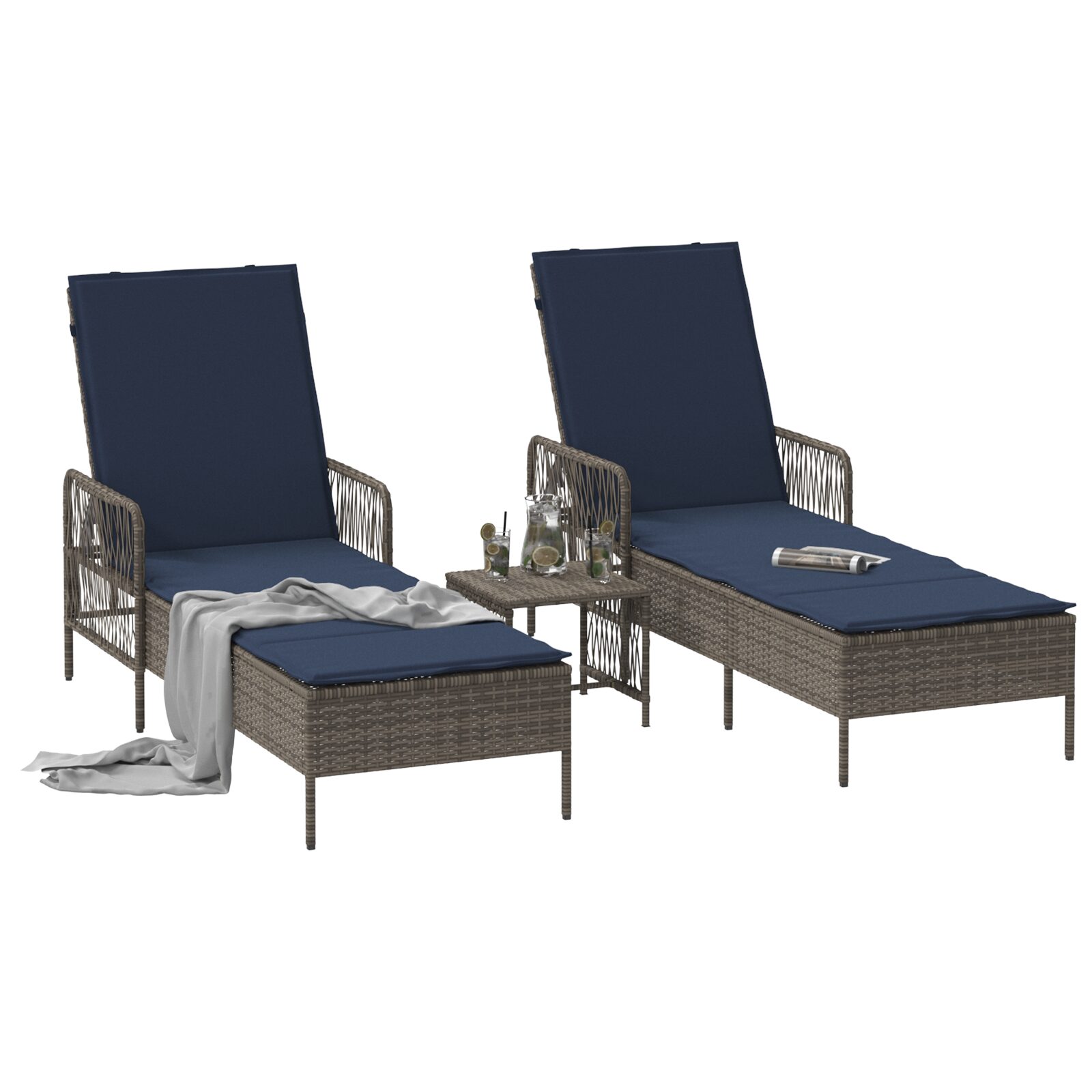 Lettino Prendisole Set di 3 Grigio e blu navy Rattan PE, metallo - immagine 3