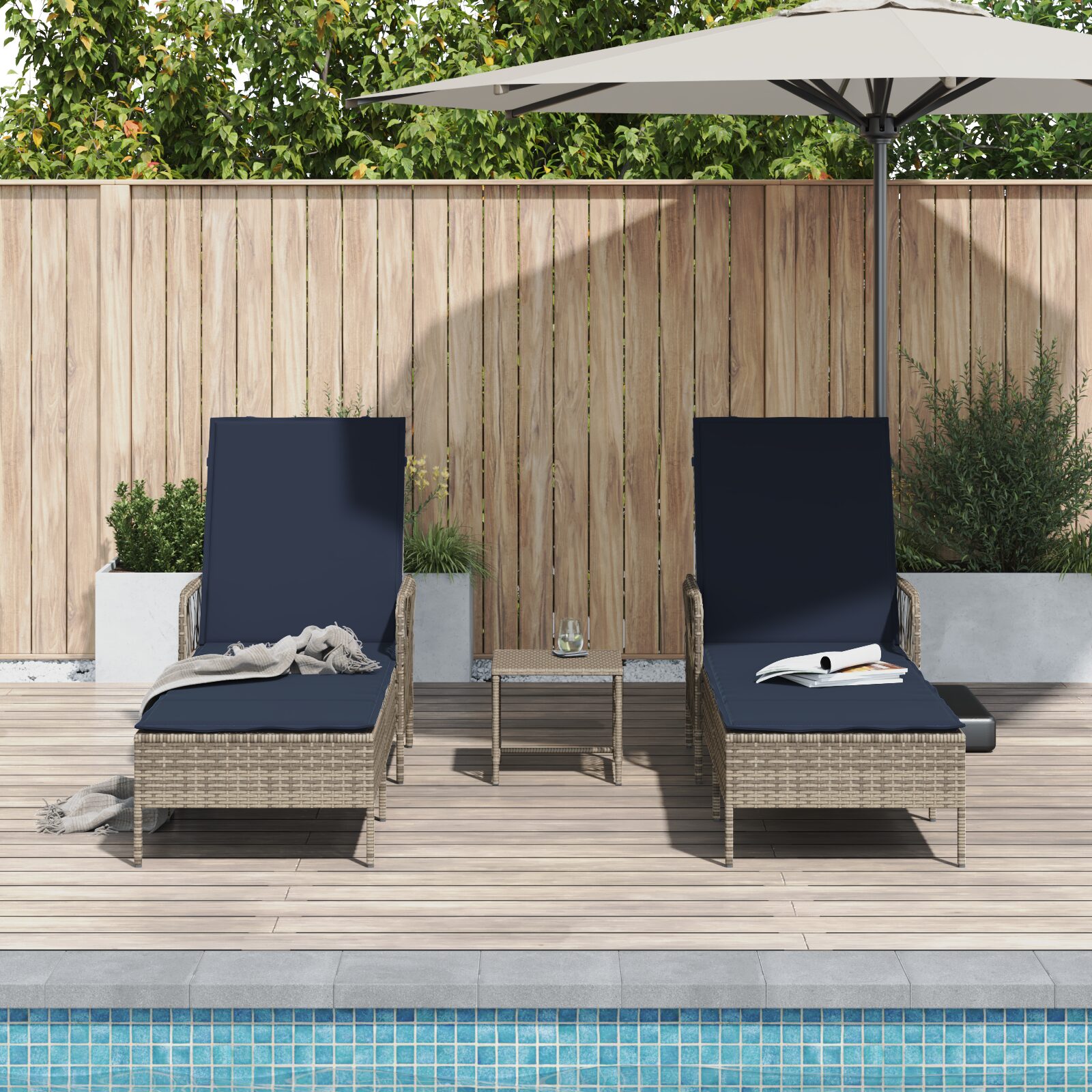 Lettino Prendisole Set di 3 Grigio e blu navy Rattan PE, metallo - immagine 4