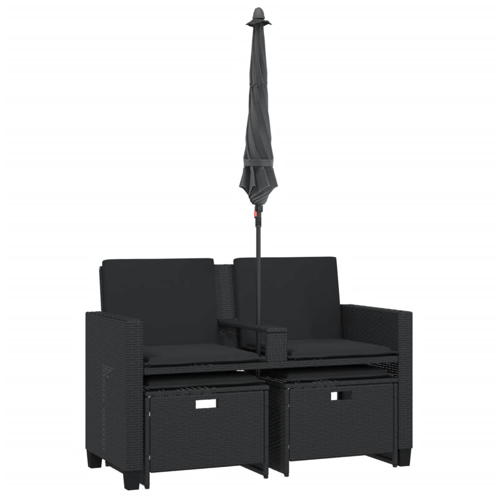 Divano Giardino 2 Posti Ombrellone e Sgabelli Nero Polyrattan - immagine 6