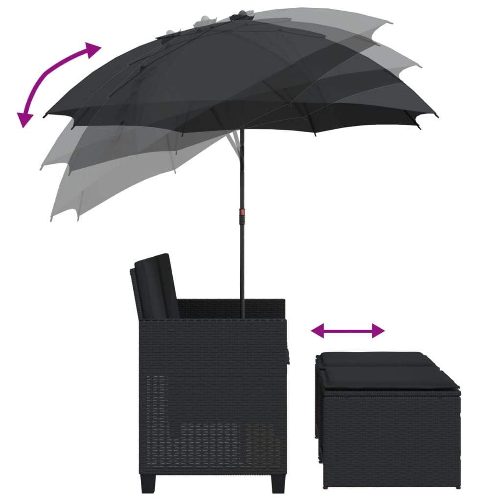 Divano Giardino 2 Posti Ombrellone e Sgabelli Nero Polyrattan - immagine 7