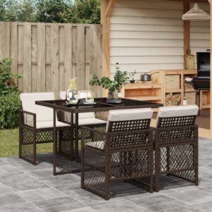 Set da Pranzo da Giardino 5pz con Cuscini in Polyrattan Marrone