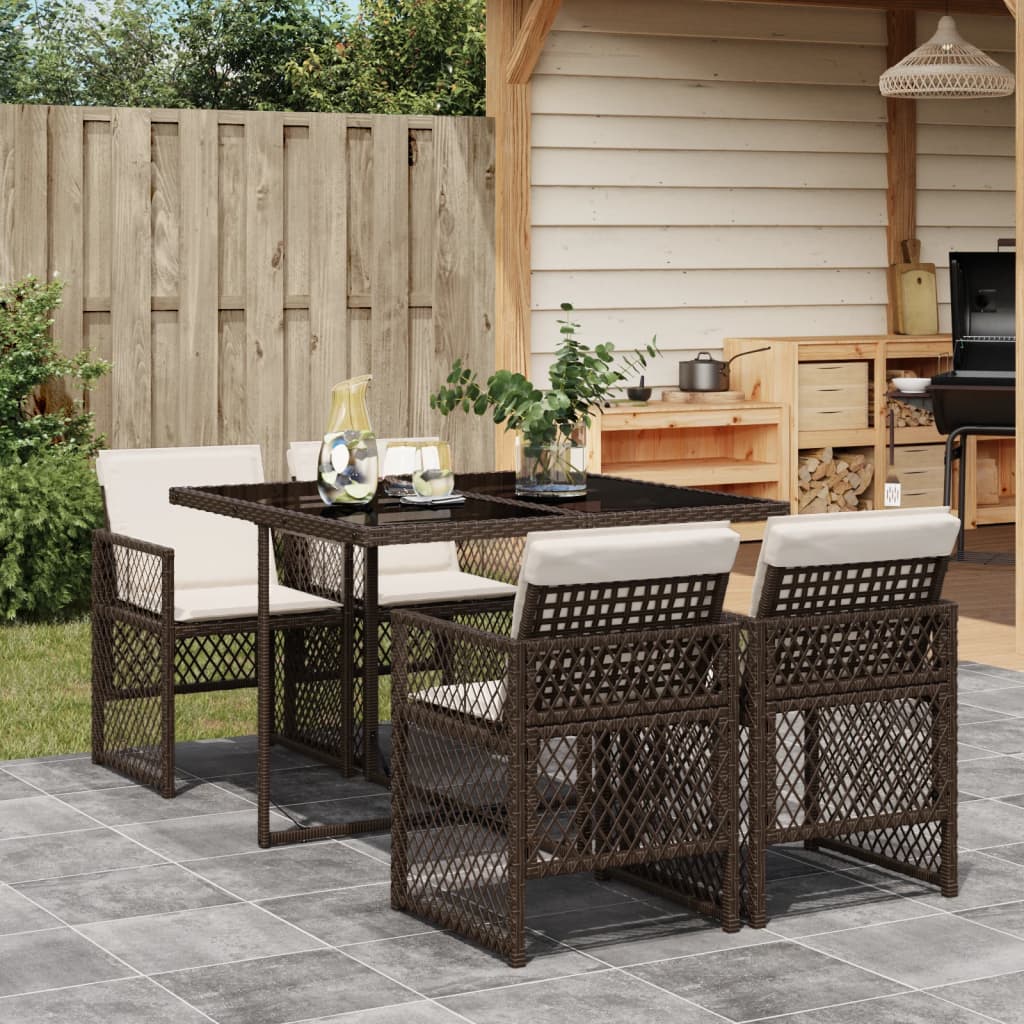 Set da Pranzo da Giardino 5pz con Cuscini in Polyrattan Marrone