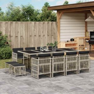 Set da Pranzo da Giardino 13pz con Cuscini Grigio in Polyrattan