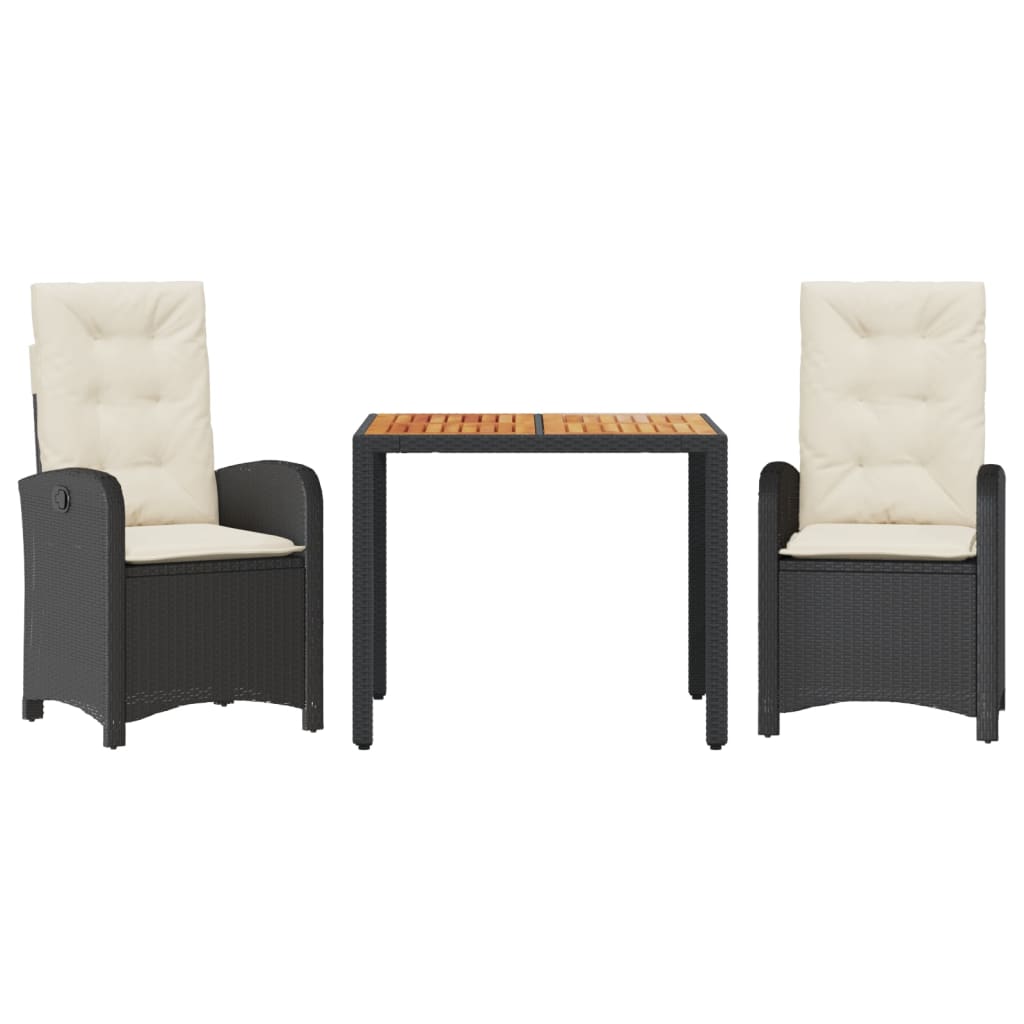 Set da Pranzo da Giardino 3 pz con Cuscini Nero in Polyrattan - immagine 2