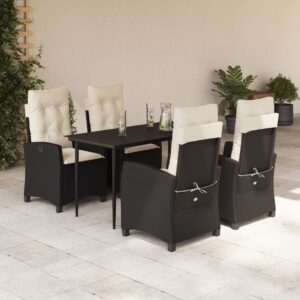 Set da Pranzo da Giardino 5 pz Nero con Cuscini in Polyrattan