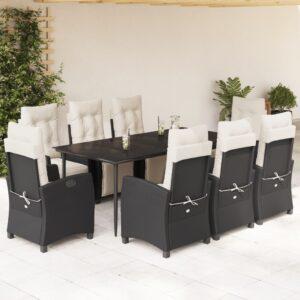Set da Pranzo da Giardino 9 pz con Cuscini Nero in Polyrattan