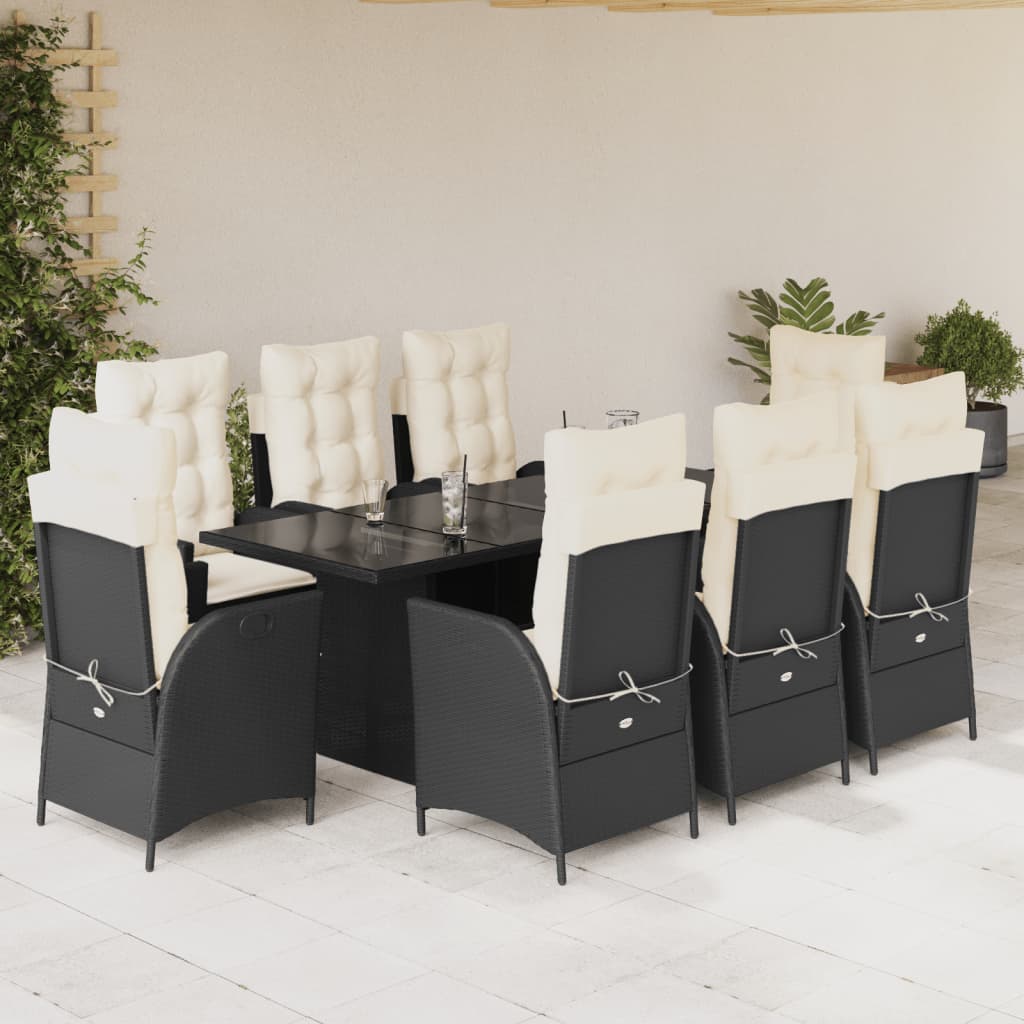 Set da Pranzo da Giardino 7 pz Nero con Cuscini in Polyrattan