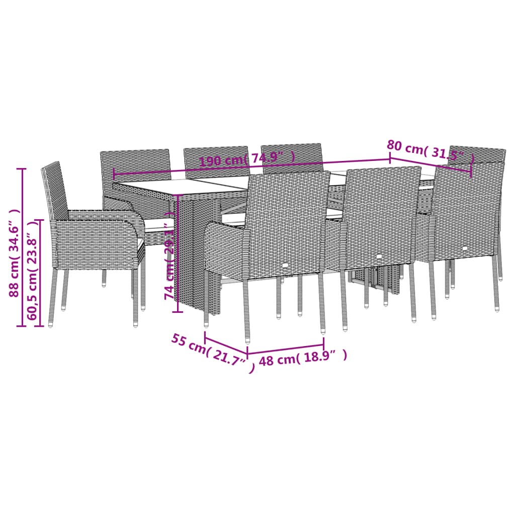Set da Pranzo da Giardino 9 pz con Cuscini in Polyrattan Grigio - immagine 6