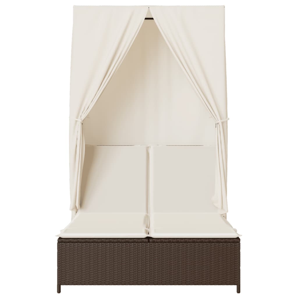 Lettino Prendisole con Tetto e Tende Marrone in Polyrattan - immagine 4