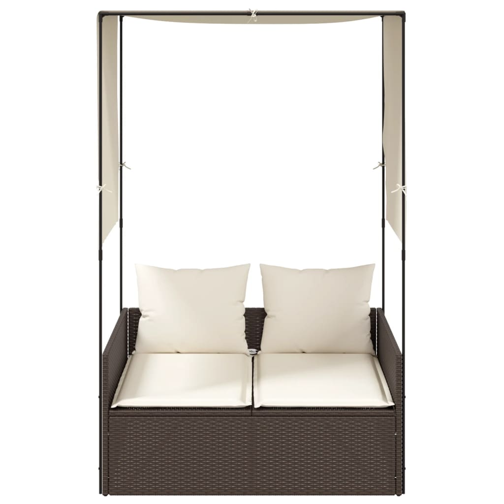 Lettino Prendisole con Tetto e Tende Marrone in Polyrattan - immagine 3