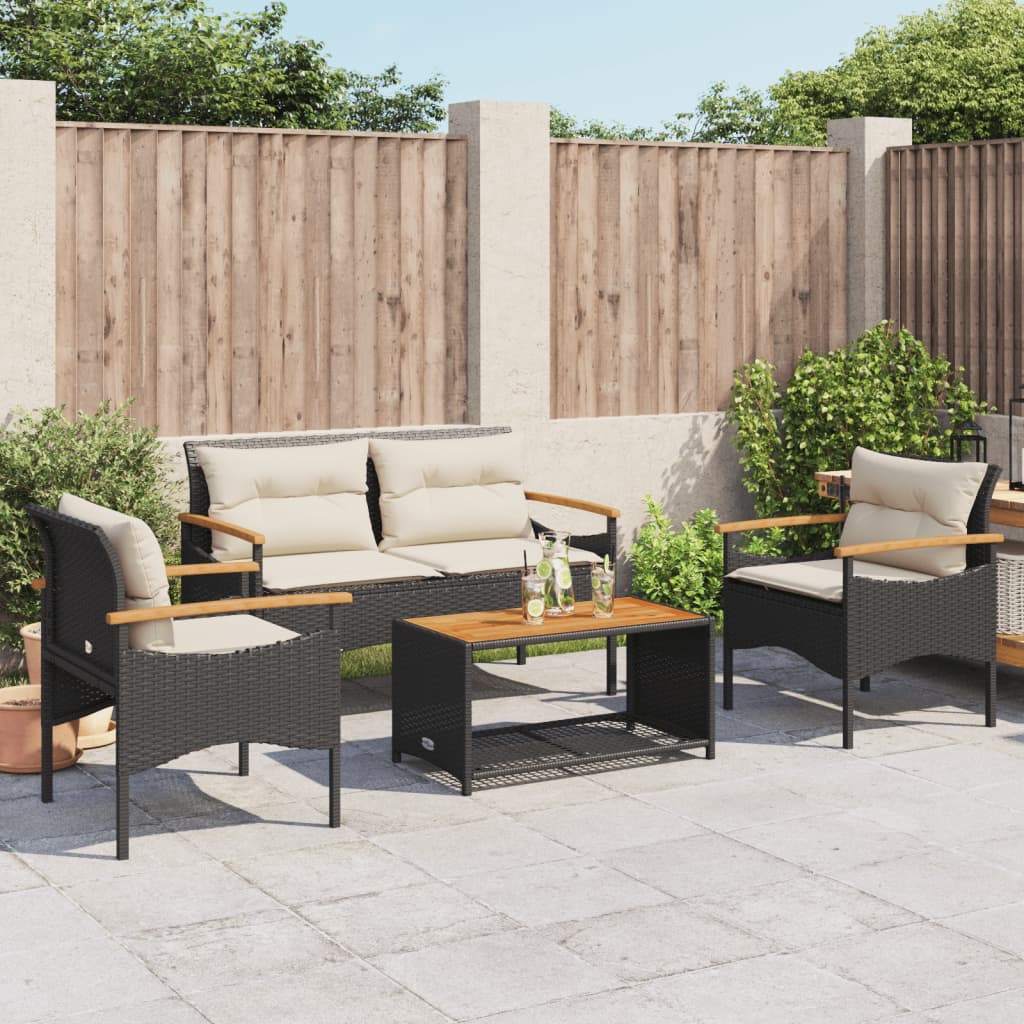 Set Divani da Giardino 4 pz con Cuscini Nero in Polyrattan - immagine 3