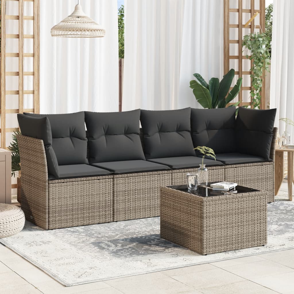 Set Divano da Giardino 5 pz con Cuscini Grigio in Polyrattan