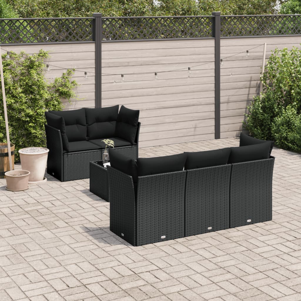 Set Divano da Giardino 6 pz con Cuscini Nero in Polyrattan