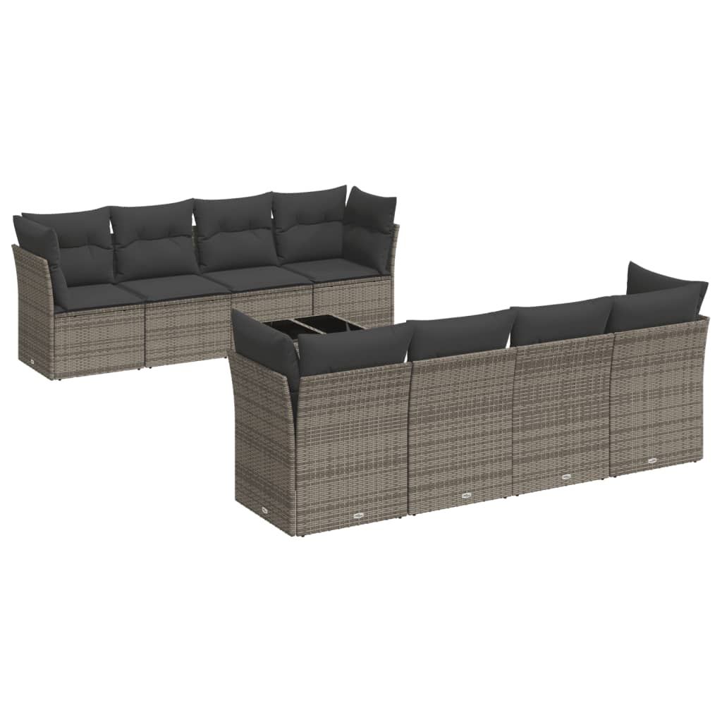 Set Divano da Giardino 9 pz con Cuscini Grigio in Polyrattan - immagine 2