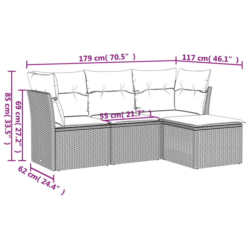 Set Divano da Giardino 4 pz con Cuscini Beige in Polyrattan - immagine 3