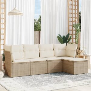 Set Divano da Giardino 5 pz con Cuscini Beige in Polyrattan
