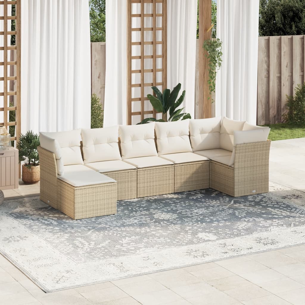 Set Divani da Giardino 7 pz con Cuscini Beige in Polyrattan