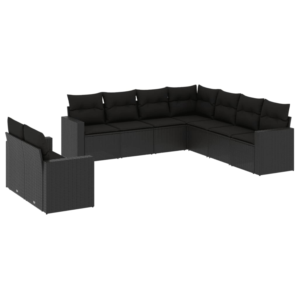 Set Divani da Giardino 9 pz con Cuscini Nero in Polyrattan - immagine 2