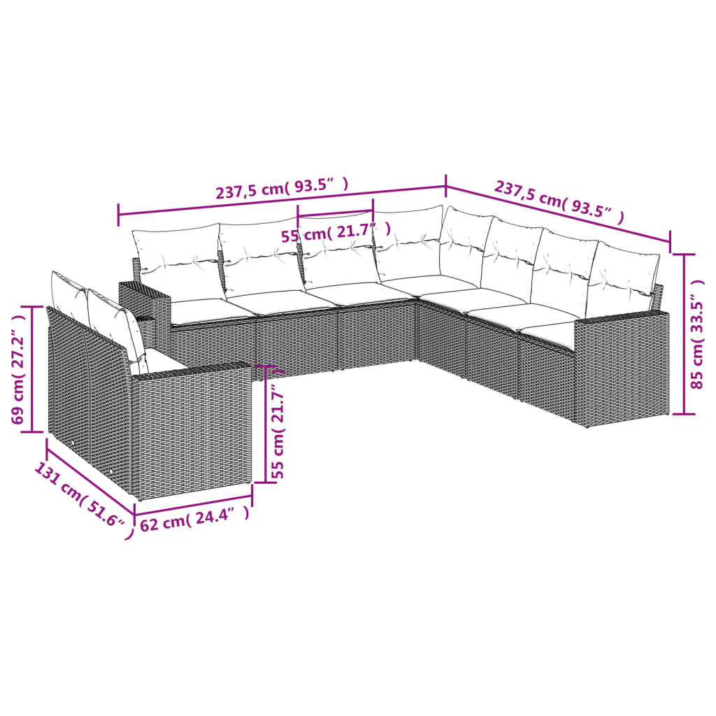 Set Divani da Giardino 9 pz con Cuscini Nero in Polyrattan - immagine 3