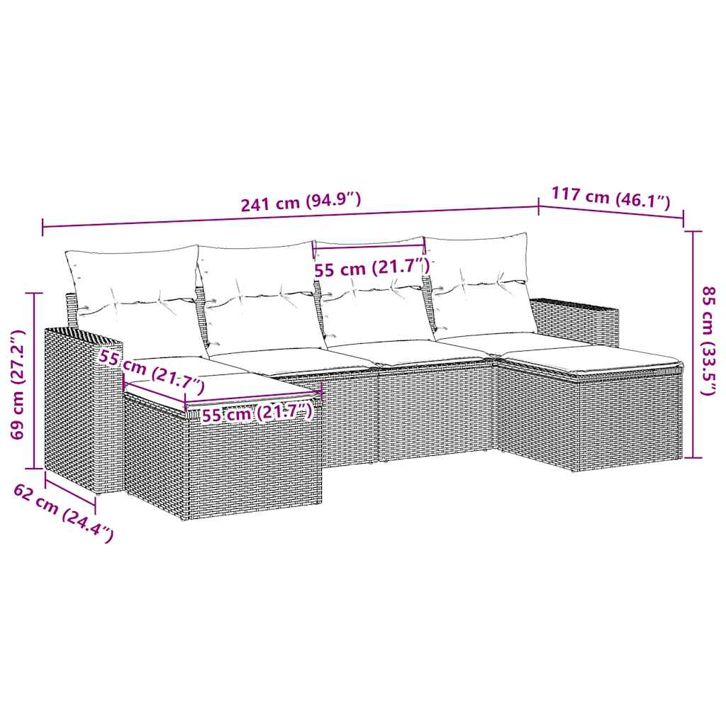 Set Divano da Giardino 6 pz con Cuscini Marrone in Polyrattan - immagine 3