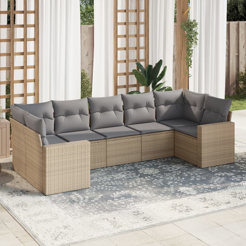 Set Divani da Giardino 7 pz con Cuscini Beige in Polyrattan