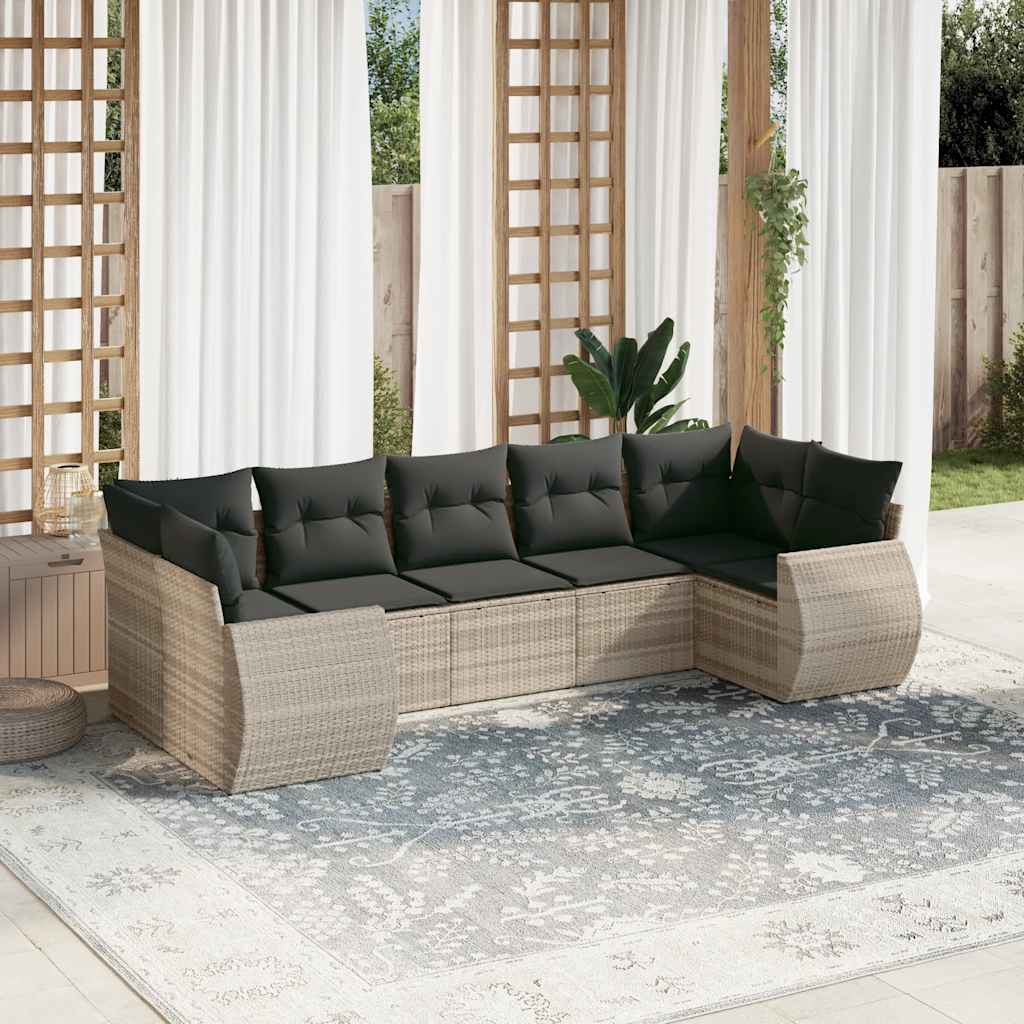 Set Divani da Giardino 7pz con Cuscini Grigio Chiaro Polyrattan