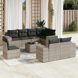 Set Divano da Giardino 9pz con Cuscini Grigio Chiaro Polyrattan