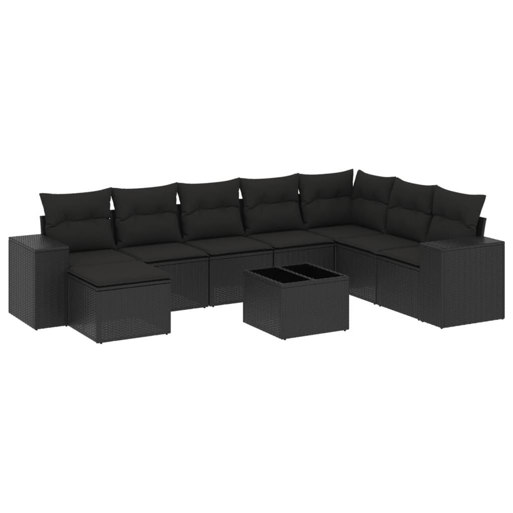Set Divani da Giardino 9 pz con Cuscini Nero in Polyrattan - immagine 2