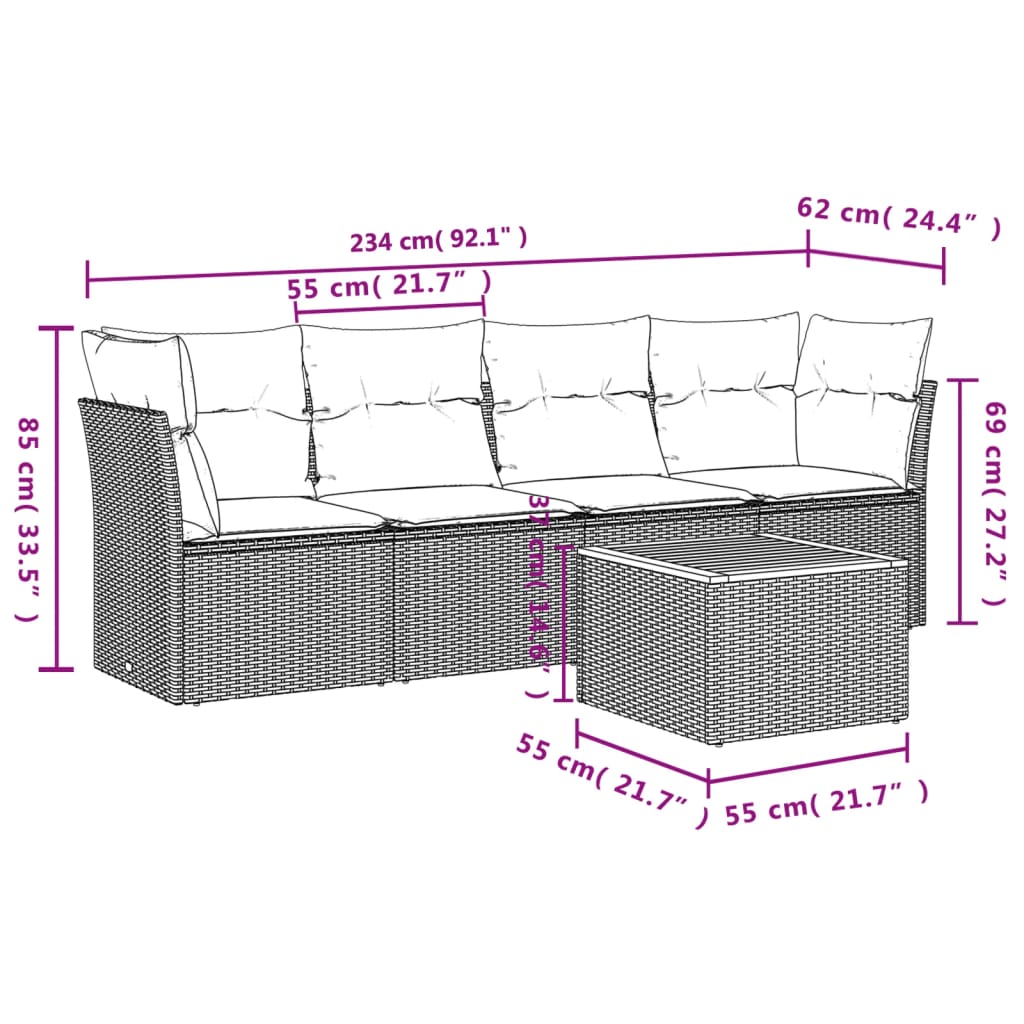 Set Divani da Giardino 5 pz con Cuscini in Polyrattan Nero - immagine 3